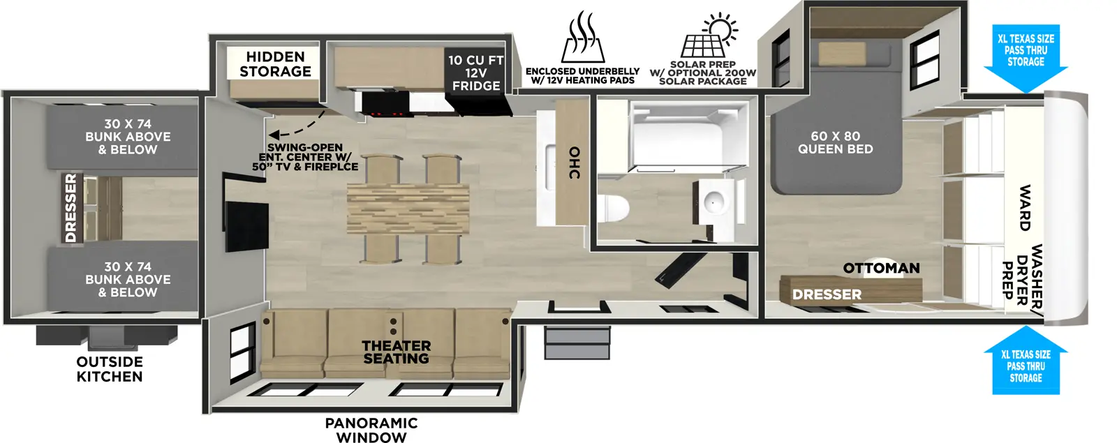 The Heritage Glen Travel Trailers 301FAM floorplan has one entry and three slide outs. Exterior features include: fiberglass exterior and outside kitchen. Interiors features include: bunk beds, kitchen island and front bedroom.